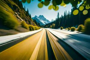 a motion blurred image of a road with trees and mountains. AI-Generated photo