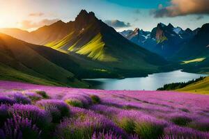 the sun rises over lavender fields in the mountains. AI-Generated photo