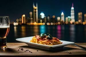 a plate of pasta and a glass of beer on a table in front of a cityscape. AI-Generated photo