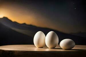 three eggs on a table with a mountain in the background. AI-Generated photo