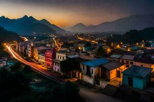 a town at dusk with a mountain range in the background. AI-Generated photo
