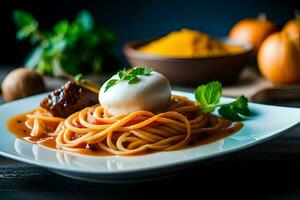 spaghetti with meatballs and pumpkin. AI-Generated photo