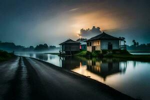 a house sits on the side of a road in the fog. AI-Generated photo