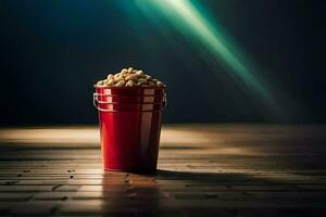 a red bucket filled with popcorn on a wooden floor. AI-Generated photo