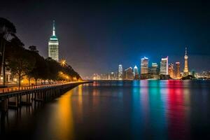 the city skyline at night in shanghai. AI-Generated photo