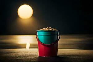 a bucket of peanuts sitting on a table in front of a full moon. AI-Generated photo