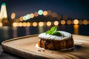 a dessert on a wooden plate with a city view. AI-Generated photo