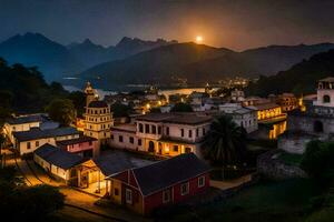 el Luna sube terminado un pueblo en el montañas. generado por ai foto