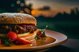 a hamburger with strawberries and cheese on a plate. AI-Generated photo