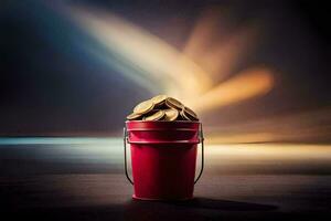 a red bucket filled with coins on a table. AI-Generated photo