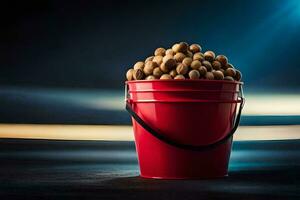 a red bucket filled with nuts on a dark background. AI-Generated photo
