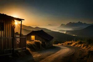 the sun rises over a mountain road and cabin. AI-Generated photo