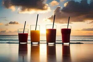 four glasses of juice on the beach at sunset. AI-Generated photo