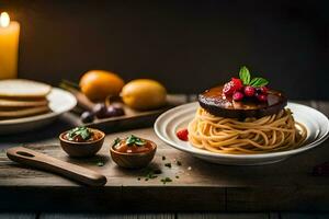 spaghetti with meat sauce and berries on a wooden table. AI-Generated photo