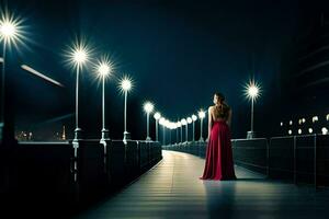 un mujer en un rojo vestir soportes en un puente a noche. generado por ai foto