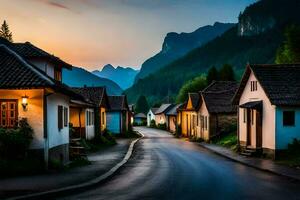 a street in the mountains at sunset. AI-Generated photo