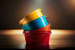 a stack of colorful buckets on a wooden table. AI-Generated photo