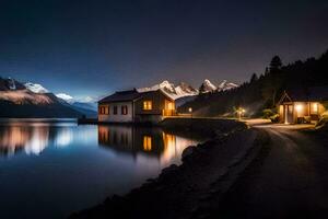un pequeño cabina se sienta en el apuntalar de un lago a noche. generado por ai foto