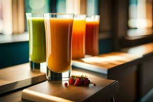 three glasses of juice sit on a table. AI-Generated photo