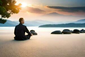 un hombre meditando en el playa a puesta de sol. generado por ai foto