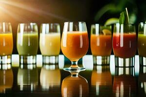 a row of different colored juices in glasses. AI-Generated photo