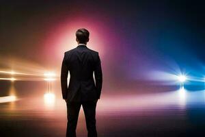 a man in a suit stands in front of a spotlight. AI-Generated photo