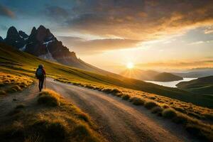 a man walks on a road in the mountains. AI-Generated photo