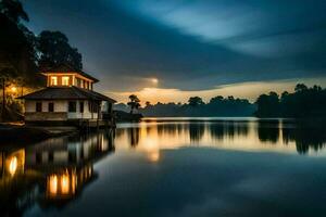 a small house sits on the shore of a lake at dusk. AI-Generated photo
