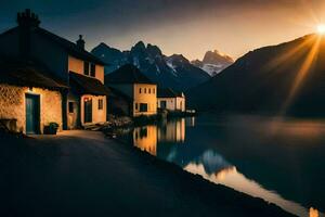 photo wallpaper the sky, mountains, lake, houses, the sun, the mountains, the lake. AI-Generated