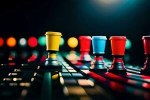 colorful chess pieces on a table with a red and blue light. AI-Generated photo