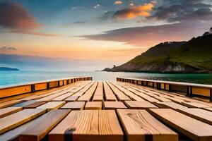 a wooden dock with a sunset over the water. AI-Generated photo