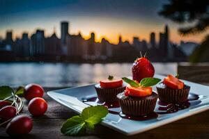 a plate with cupcakes and strawberries on a table in front of a city skyline. AI-Generated photo