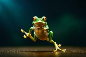 a frog jumping on a dark background. AI-Generated photo