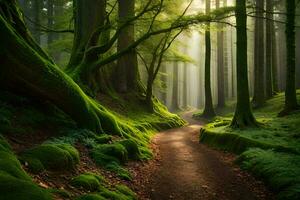 un camino mediante un verde bosque con cubierto de musgo arboles generado por ai foto