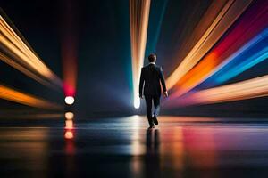 un hombre caminando en el oscuro con vistoso luces. generado por ai foto