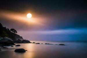 un lleno Luna brilla terminado el Oceano en un brumoso noche. generado por ai foto