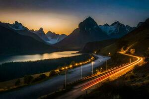 un la carretera y montañas a puesta de sol. generado por ai foto