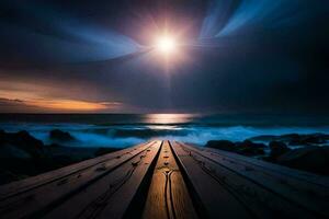 un de madera muelle con el Dom brillante terminado el océano. generado por ai foto