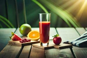 un vaso de jugo con Fruta y vegetales en un de madera mesa. generado por ai foto