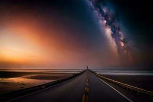 el lechoso camino terminado el Oceano a noche. generado por ai foto