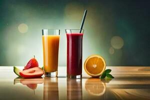 two glasses of juice with fruit and berries. AI-Generated photo