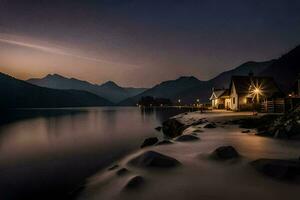 un casa se sienta en el apuntalar de un lago a noche. generado por ai foto