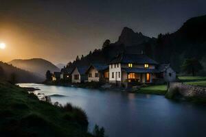 photo wallpaper the sky, mountains, river, house, sunset, house, river, house,. AI-Generated