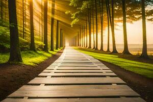 a pathway through the woods with sunbeams shining through. AI-Generated photo