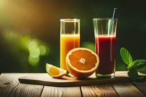 two glasses of juice with oranges and slices. AI-Generated photo