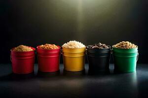 five colorful buckets with different types of food. AI-Generated photo