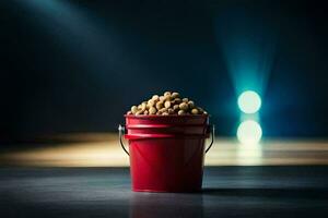 a red bucket filled with peanuts on a table. AI-Generated photo