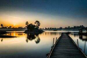 a wooden pier in the middle of a lake at sunrise. AI-Generated photo