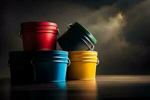 four colorful buckets sitting on a table. AI-Generated photo