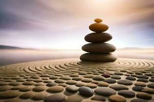 a stack of stones on top of a beach. AI-Generated photo